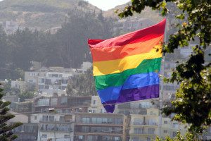 Gay Pride Rainbow Flag Flying in the Wind Over the Castro, San Francisco, California. Image shot 2007. Exact date unknown.
