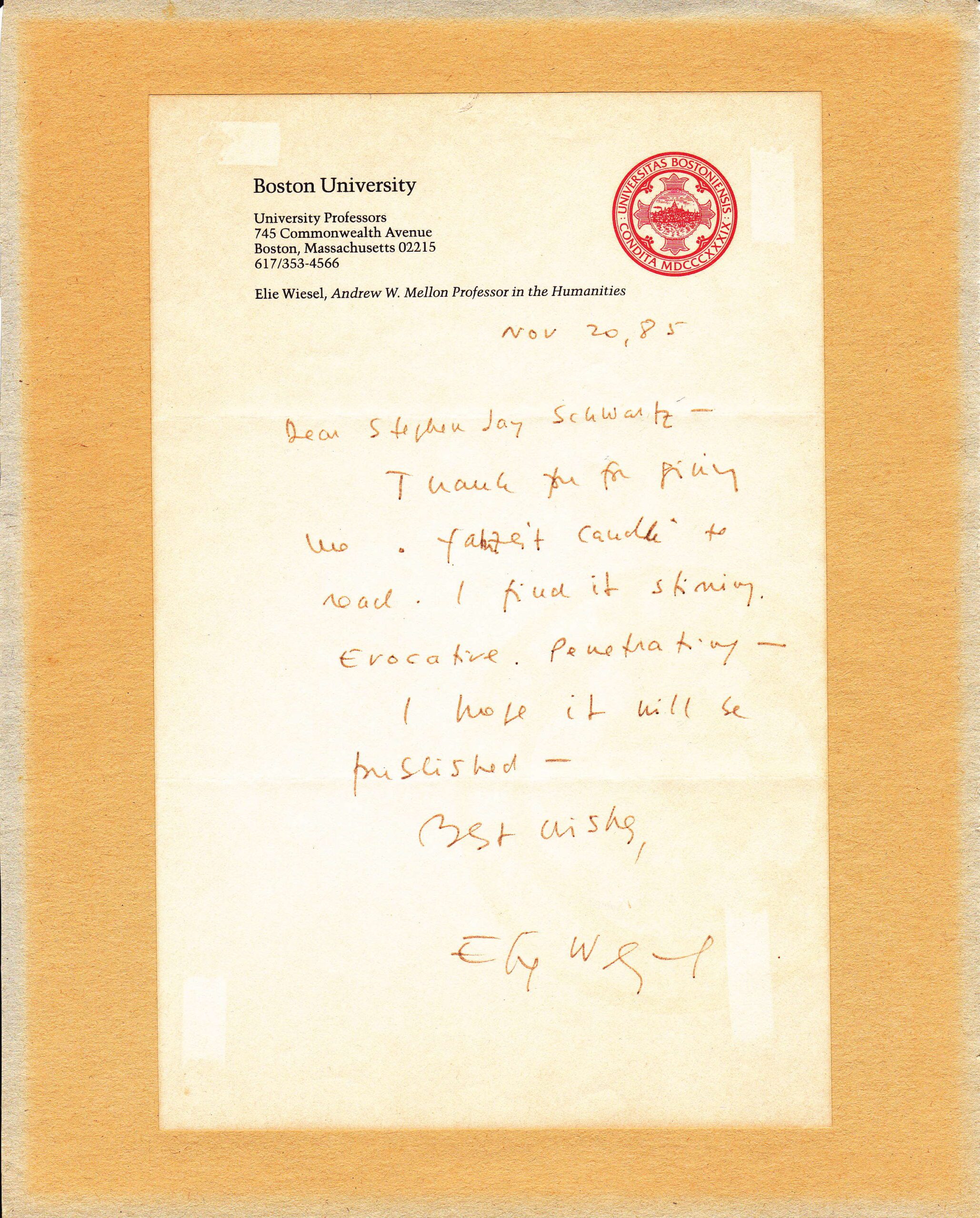 Elie Wiesel Letter