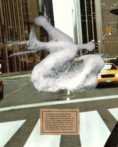 Collage by Briana Finegan figure made of ice on the background of a city avenue