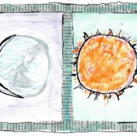 A crescent moon juxtaposed against the image of the sun
