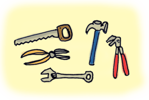 tools -- a saw, pliers, wrench, hammer