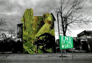 An abandoned building covered with moss and a sign that reads END OF THE WORLD