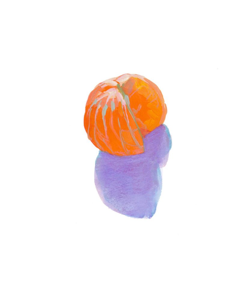 A drawing of a tangerine completely unpeeled. A segment of the tangerine has been removed. There is no text.