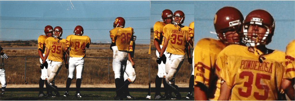 A tryptic photo series of the author playing football. He wears a gold and red jersey with a red helmet. He is yelling.
