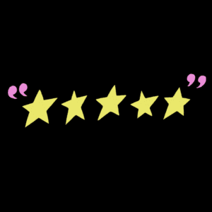 Five yellow stars with pink quotation marks on either side.