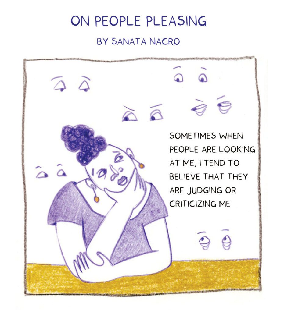 A person holds their chin, and eyes with questioning expressions float behind them. The caption reads: Sometimes when people are looking at me, I tend to believe that they are judging or criticizing me.