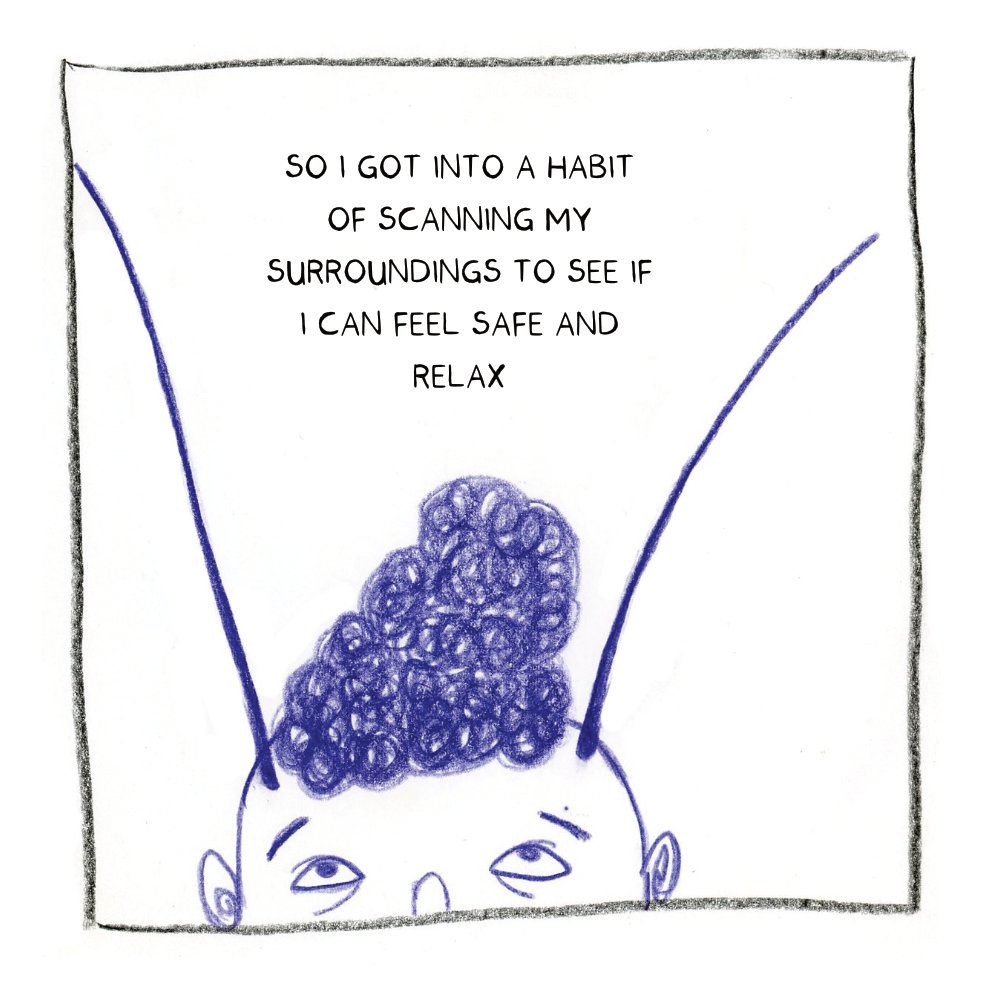 A person with bug antennae coming out of their forehead. The caption reads: so I got into a habit of scanning my surroundings to see if I can feel safe and relax.