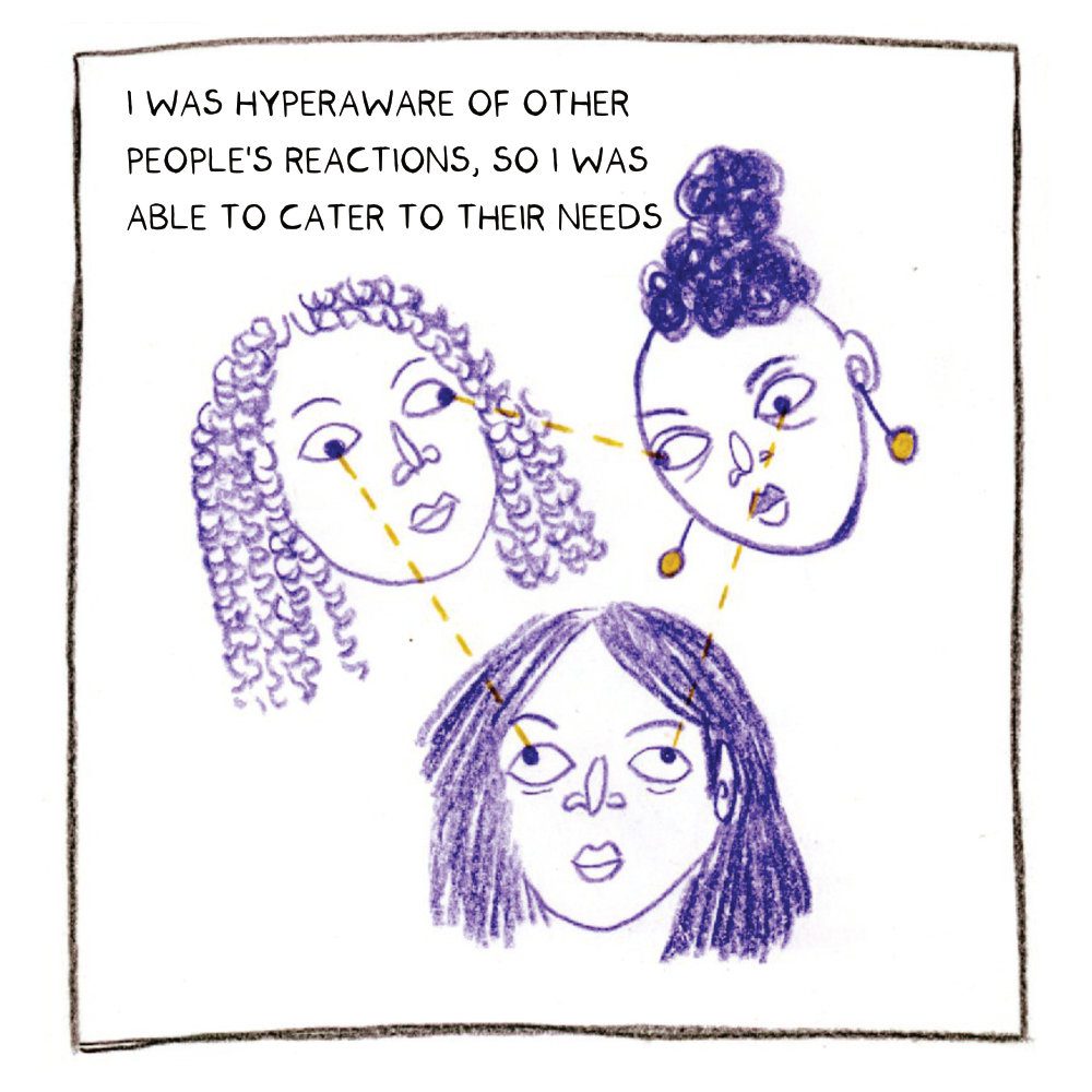 Three faces, including the narrator, stare at each other. The caption reads: I was hyper aware of other people's reactions, so I was able to cater to their needs.