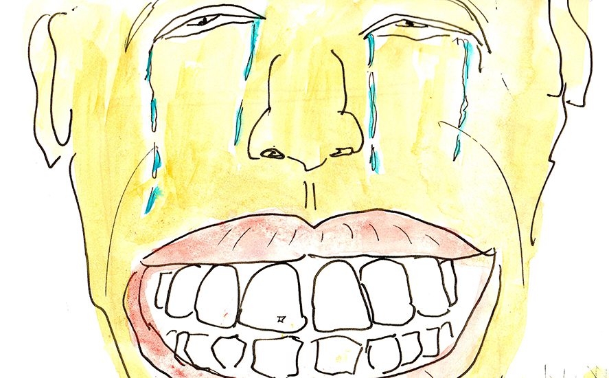 A drawing of a man's face. He has big teeth and is crying.