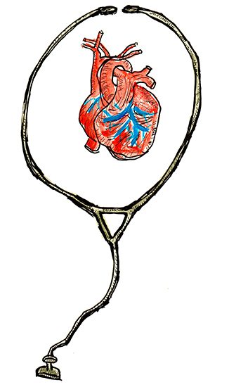 A drawing of a stethoscope with a red and blue anatomical heart between the listening tubes.