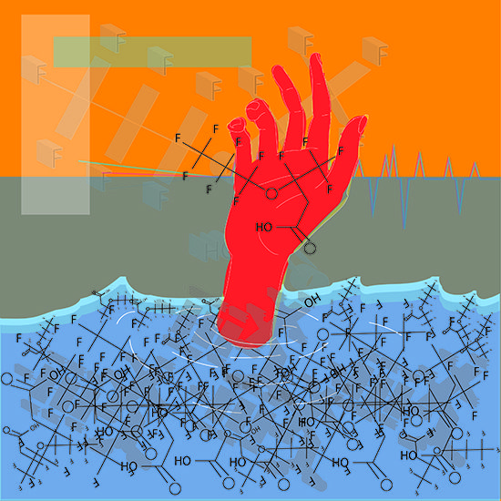 A red hand reaches out of blue water.