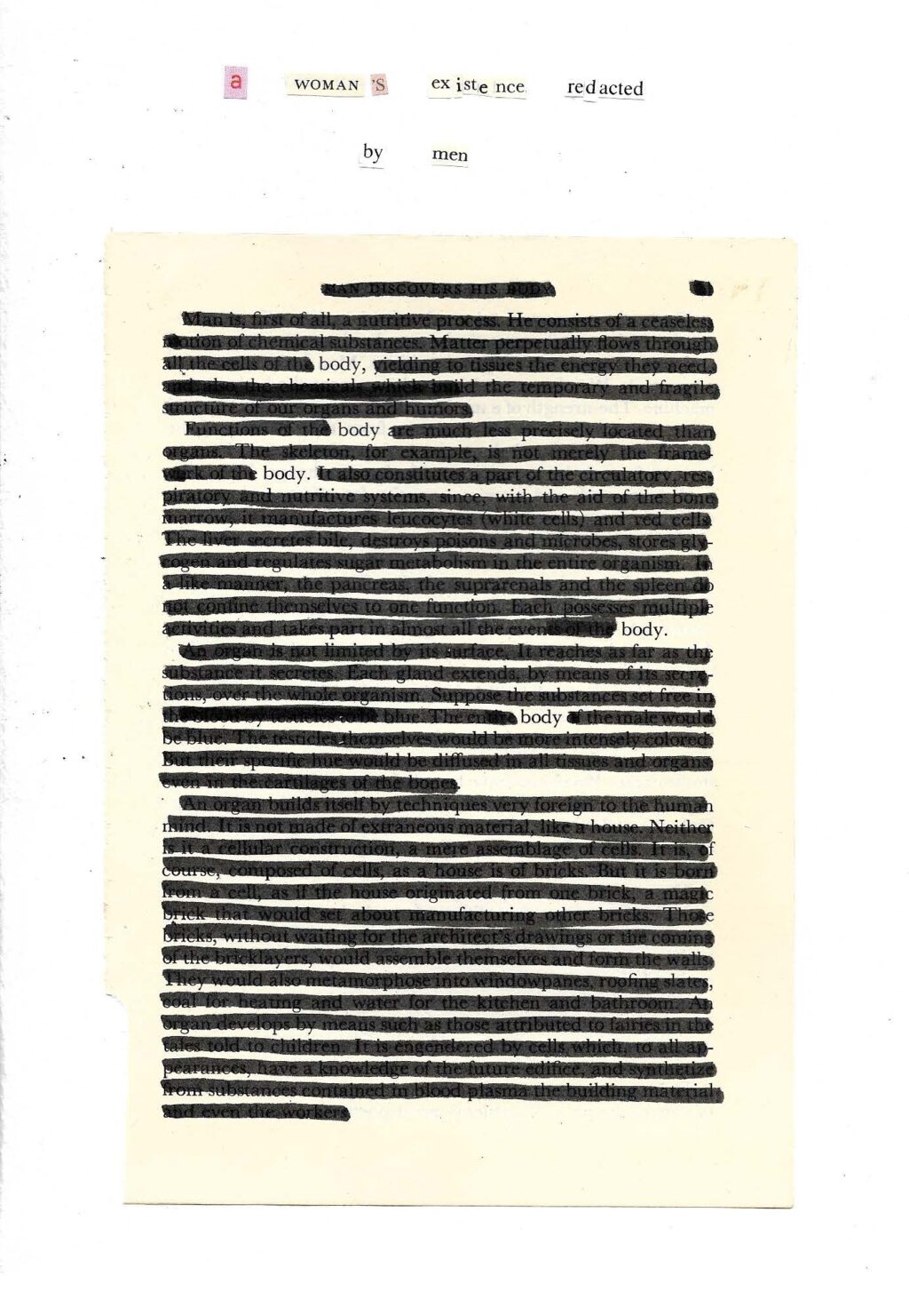 An erasure poem with blacked out lines. The text at the top reads: A woman's existence redacted by men. The visible words in the poem read body, body, body, body, body.