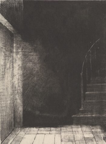 A black and white drawing of a staircase with a black background.