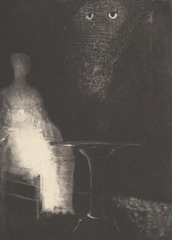 A black and white drawing of a ghost sitting at a table. A set of eyes hovers above the table.