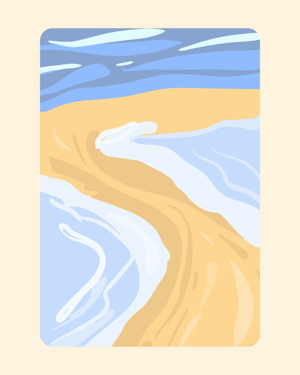 A drawing of ocean waves washing ashore a golden beach.