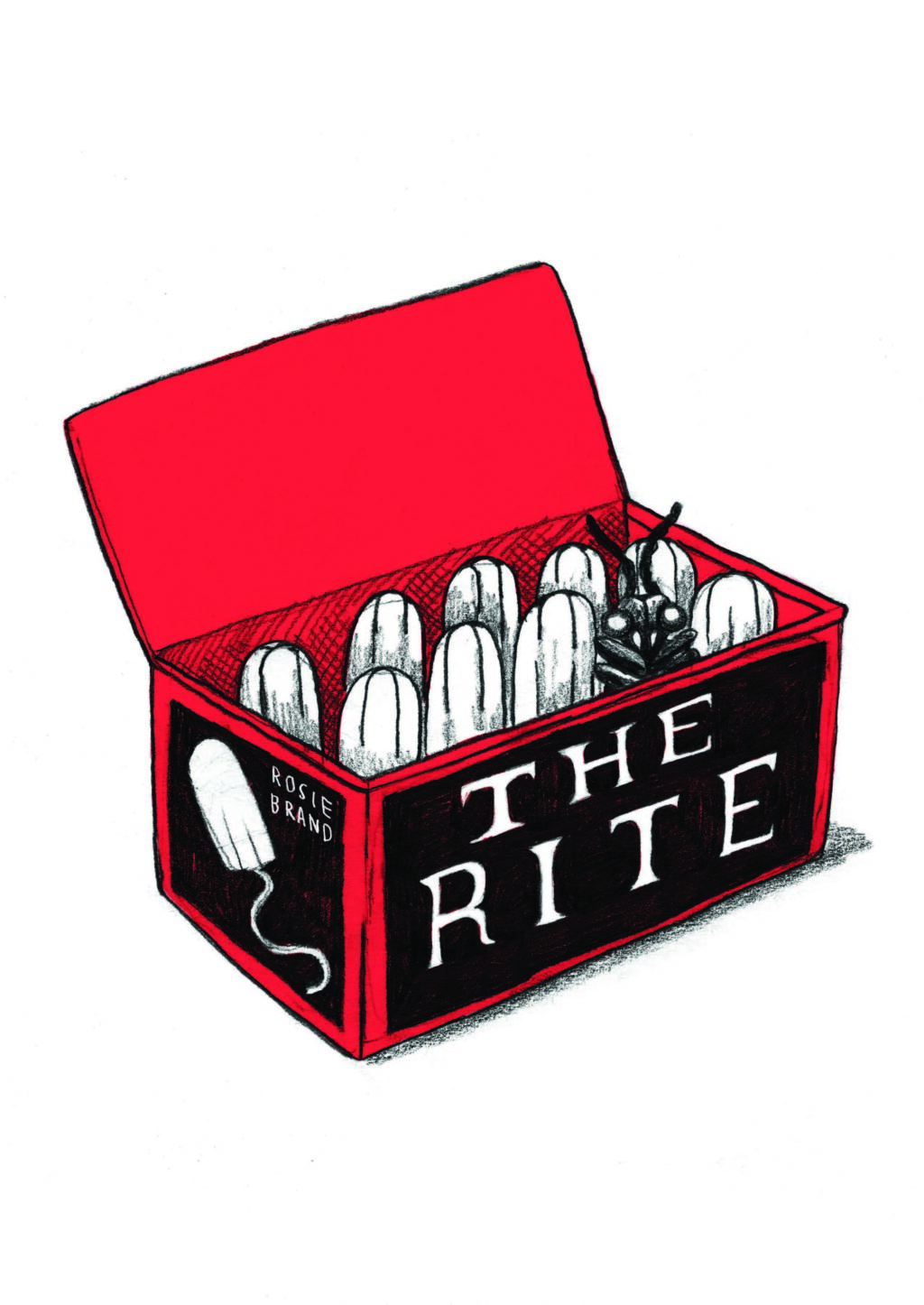 A drawing of a box of tampons with a bug inside. The text on the side of the box reads "The Rite" on one side and "Rosie Brand" on another side.