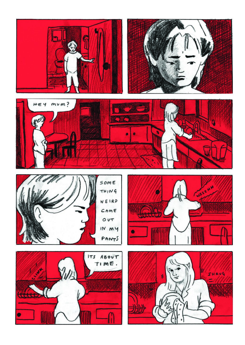 A seven-paneled page of comics showing a girl walking into a kitchen to talk to her mother. In the third panel, she says "Hey Mum?" In the fourth panel she says "Something weird came out in my pants." In the sixth panel, the mother says "It's about time."