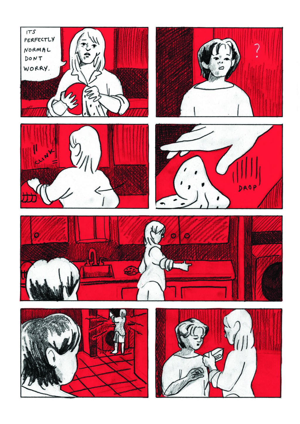 A seven-paneled page of comics showing the girl talking to her mother in the kitchen. In the first panel, the mother says "It's perfectly normal, don't worry." The mother goes to a closet and gets a small box.