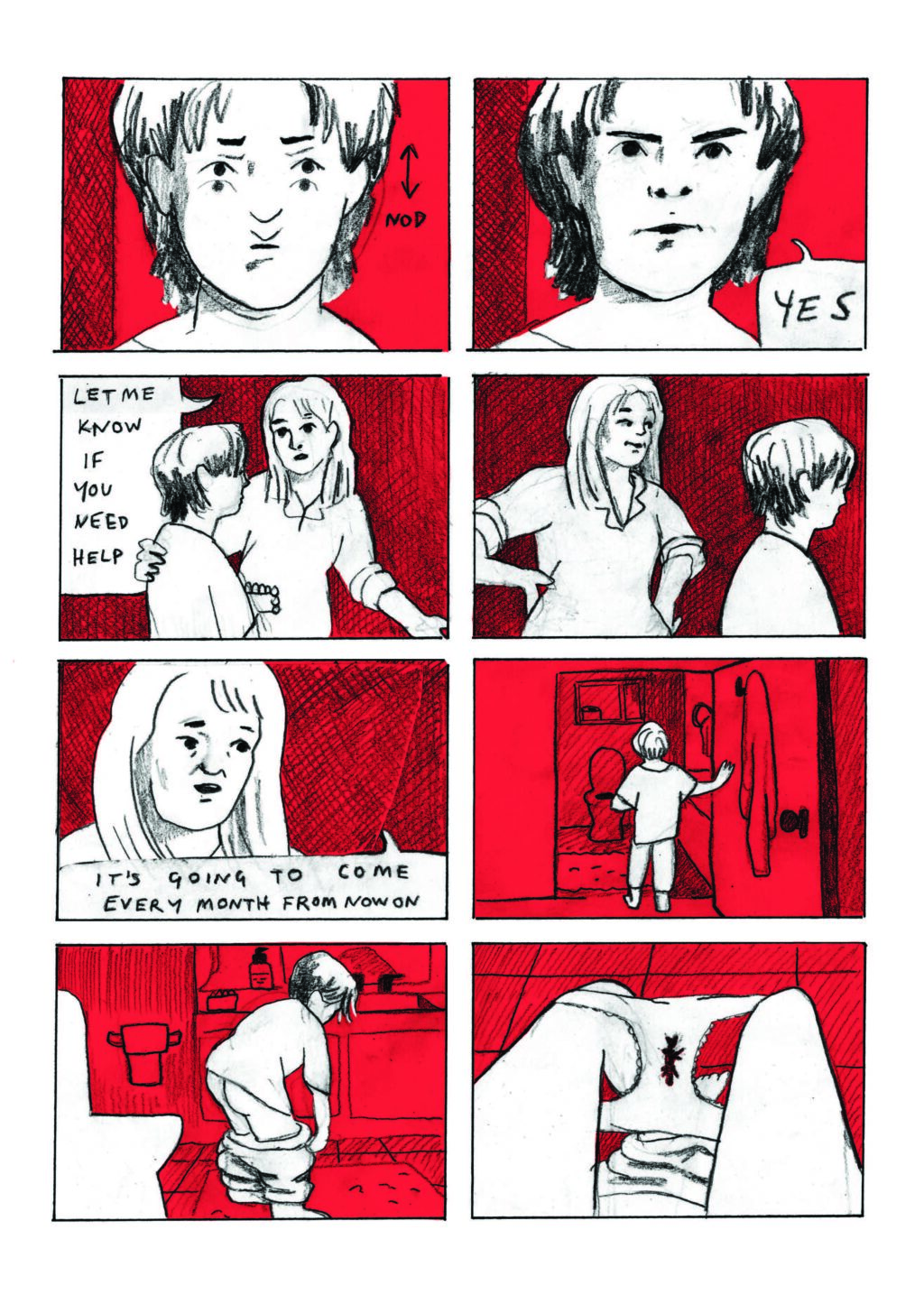 An eight-paneled page of comics showing the girl talking to her mother, then going to the bathroom. In the second panel, the girl says "yes." In the third panel, the mother says "Let me know if you need any help." In the fifth panel, the mother says "It's going to come every month from now on." In the remaining panels, the girl goes to the bathroom and looks at the blood in her underwear.