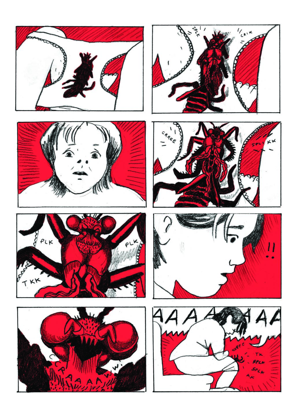 An eight-paneled page of comics showing bloody underwear, with the blood splotch turning into a giant bug. In the final panel, the girl screams.