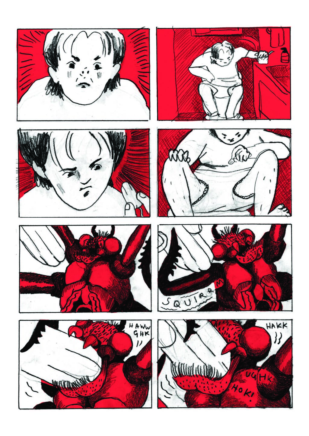 An eight-paneled page of comics showing the girl inserting a tampon into the bug's mouth.