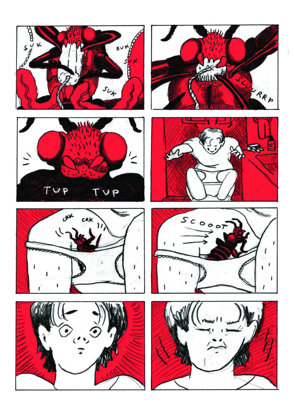 An eight-paneled page of comics showing the bug eating the tampon and crawling up of the girl's underpants.