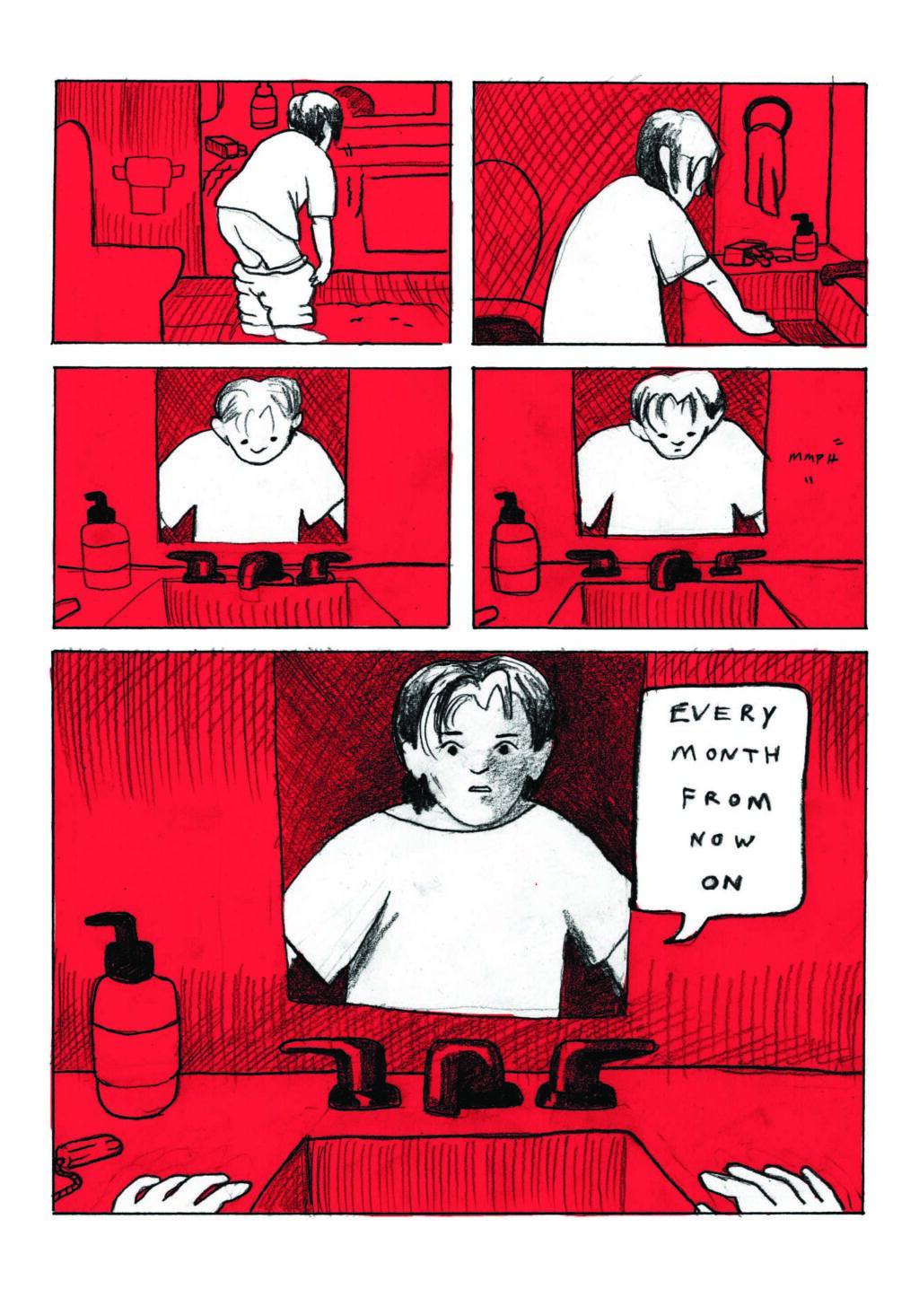 A five-paneled page of comics showing the girl pulling up her pants and looking in the mirror. In the final panel, she says "Every month from now on."