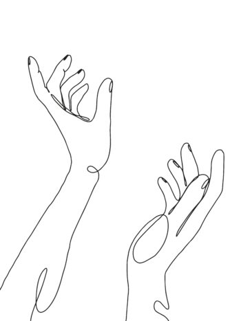 A line drawing of hands reaching forward.