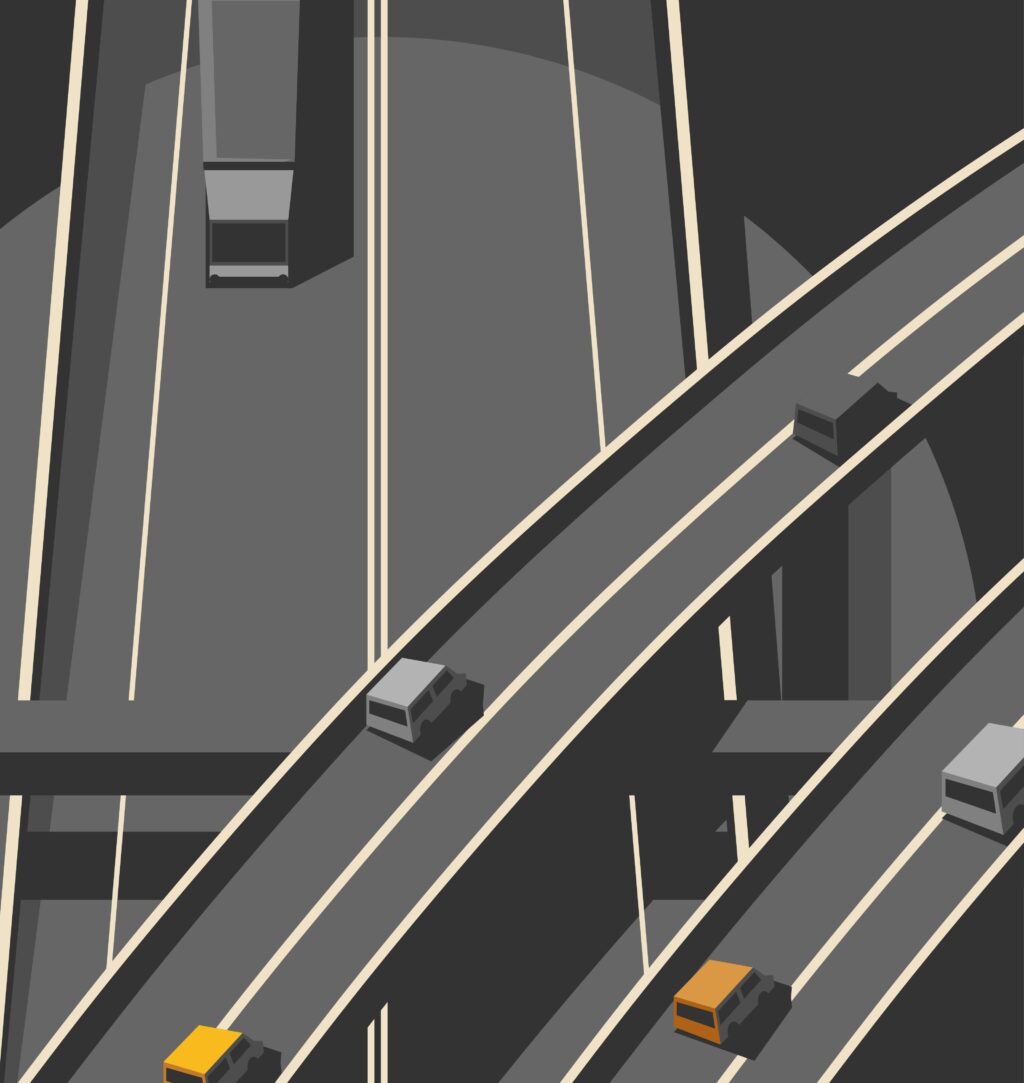 A cartoon of a highway with ramps.