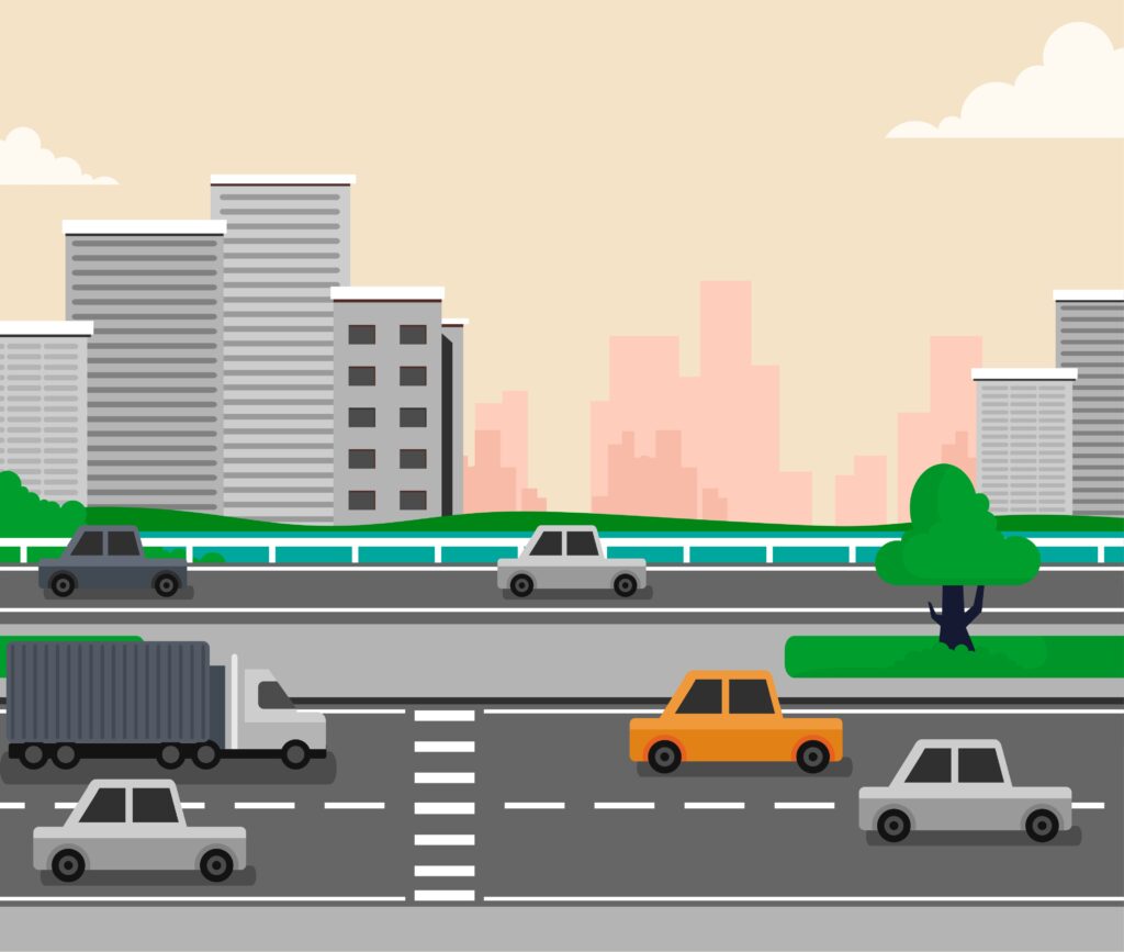 A cartoon of a highway with cars and a city skyline in the background.