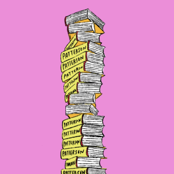 A stack of yellow books against a pink background, with all spines saying PATTERSON.