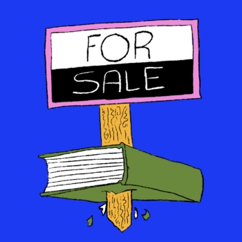 A "for sale" sign driven through a green book.