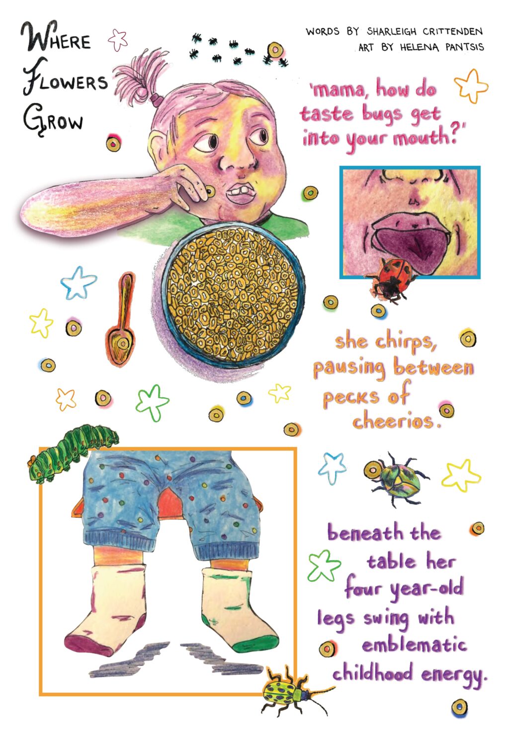 A comic panel featuring a bugs, stars, and child eating cereal. Text reads: "Mama, how do taste bugs get into your mouth" she chirps between pecks of Cheerios. Beneath the table her four-year-old legs swing with emblematic childhood energy.