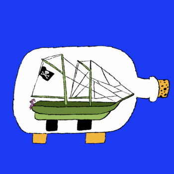 A drawing of a pirate ship inside of a bottle.