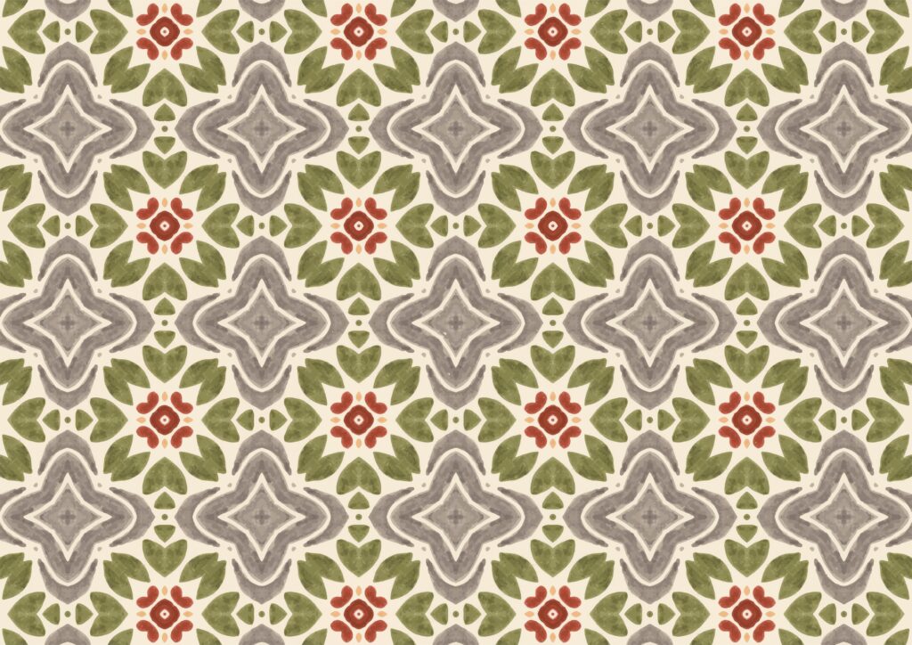 A repeated pattern of green, gray, and red patterns.