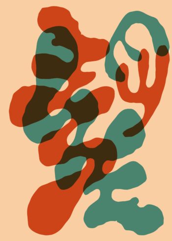 An abstract ink blotch with green and orange pigment.