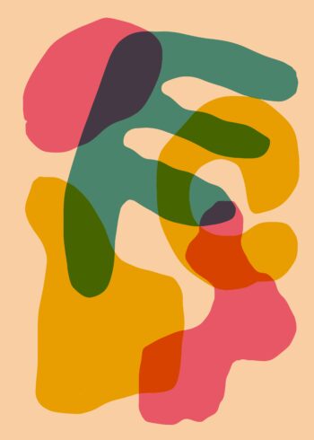 An abstract ink blotch with pink, green, and yellow pigment.