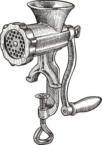 A black and white drawing of a meat grinder.