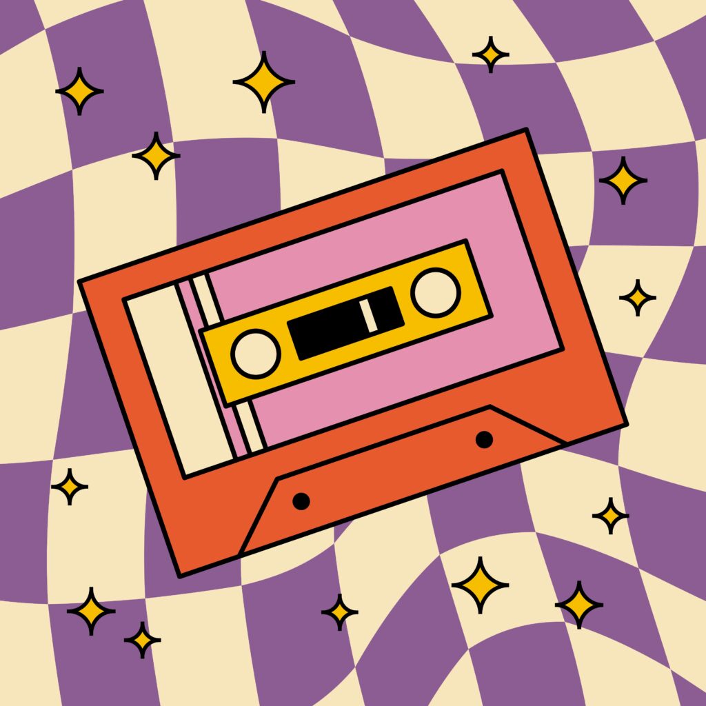 A cassette tape on a purple-and-white checkerboard background.
